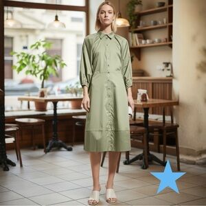 Harshman Womens Muriel Match Green Cotton Shirt Dress 3/4 Sleeve NWT $229 New L